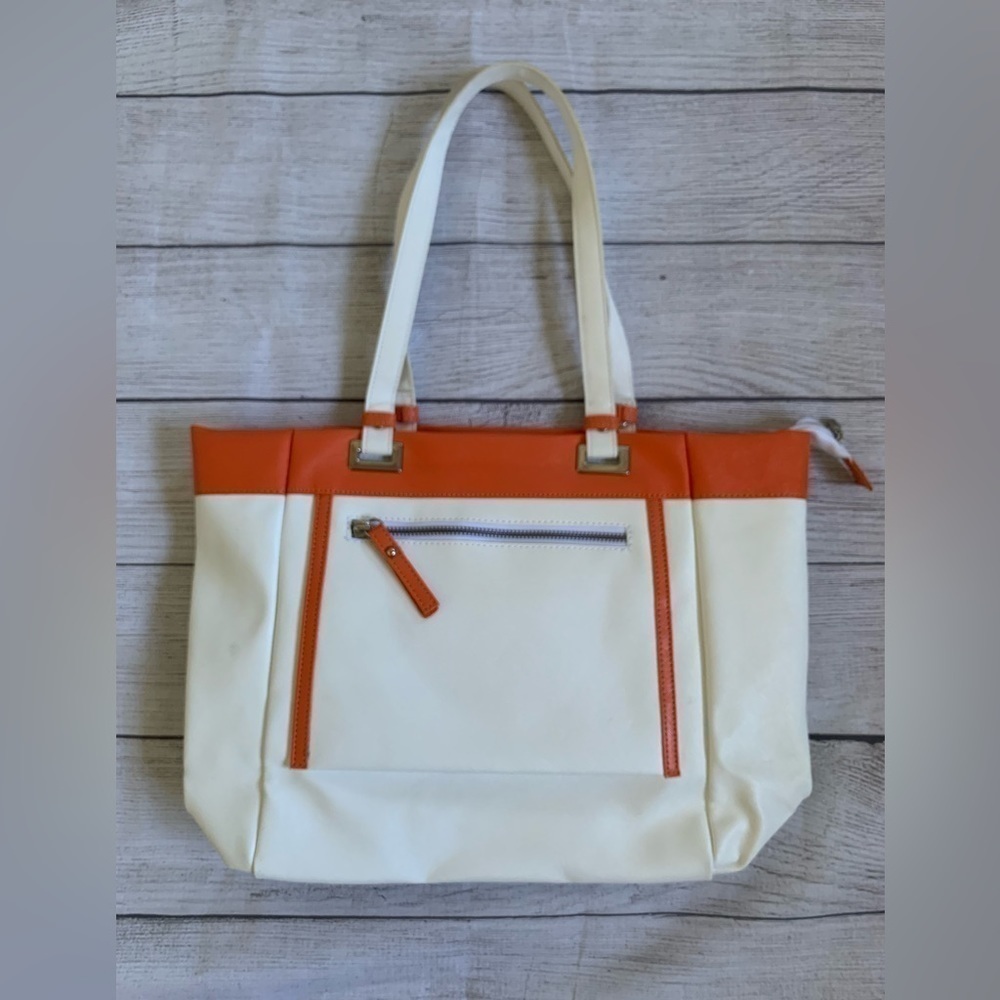 Italian White Tote with Orange Trim Faux Leather - Picture 2 of 9